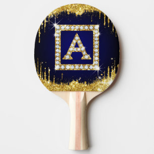 Raquette De Ping Pong Monogramme doré initial A avec paillettes bleues