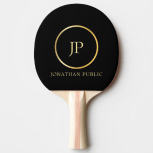 Raquette De Ping Pong Monogramme doré personnalisé Noir élégant moderne