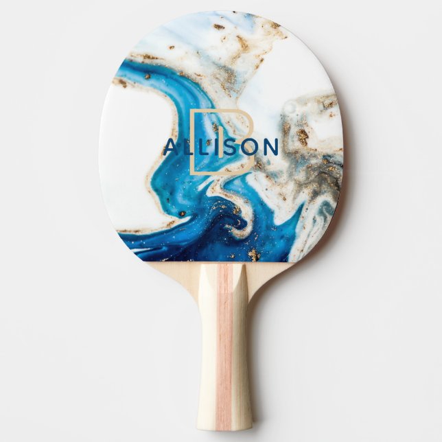 Raquette De Ping Pong Monogramme en marbre bleu blanc Abstrait (Devant)