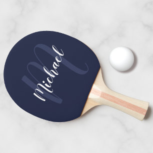 Raquette De Ping Pong Monogramme et nom de script personnalisé Marine Bl