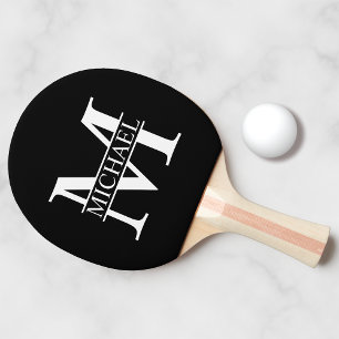 Raquette De Ping Pong Monogramme et nom personnalisé noir et blanc