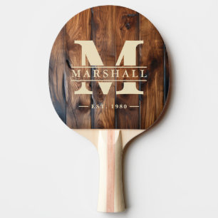 Raquette De Ping Pong Monogramme et nom superposés en bois foncé teinté 