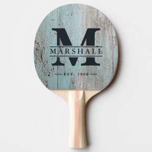 Raquette De Ping Pong Monogramme et nom superposés en bois peint en bleu