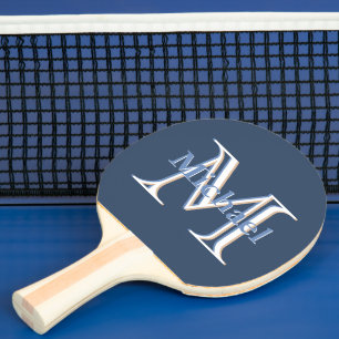 Raquette De Ping Pong Monogramme et nom tricouleurs bleu classique I per