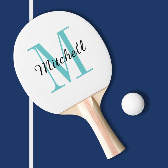 Raquette De Ping Pong Monogramme et nom Turquoise Personnalisé (Créateur téléchargé)