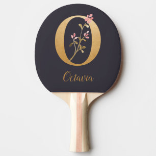 Raquette De Ping Pong Monogramme floral élégant bleu or personnalisé O