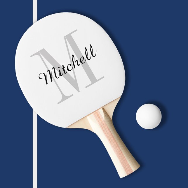 Raquette De Ping Pong Monogramme gris et nom Personnalisé (Créateur téléchargé)