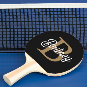 Raquette De Ping Pong Monogramme moderne élégant Nom Black Gold Script