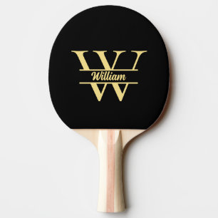 Raquette De Ping Pong Monogramme noir et or Écriture initiale élégante