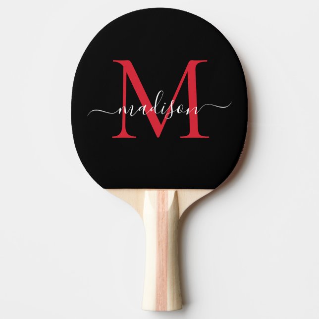 Raquette De Ping Pong Monogramme noir rouge bordeaux Élégant Nom du scri (Devant)