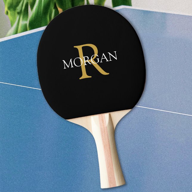 Raquette De Ping Pong Monogramme or et nom blanc sur noir (Créateur téléchargé)