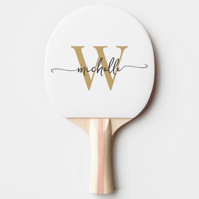 Raquette De Ping Pong Monogramme personnalisé d'or blanc moderne (Devant)