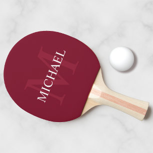 Raquette De Ping Pong Monogramme personnalisé et nom Rouge bordeaux