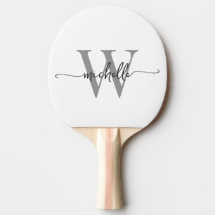 Raquette De Ping Pong Monogramme personnalisé gris-blanc moderne