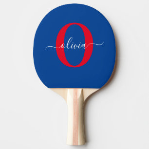 Raquette De Ping Pong Monogramme personnalisé Nom du script Bleu Blanc R
