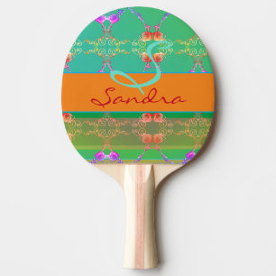 Raquette De Ping Pong Monogramme Rose Coeur Apricot turquoise et mousse