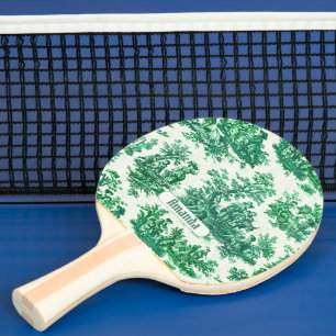 Raquette De Ping Pong monogramme vintage fleuri vert toile jouy