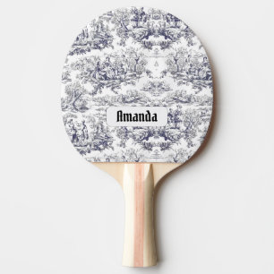 Raquette De Ping Pong monogramme vintage floral noir toile de jouy