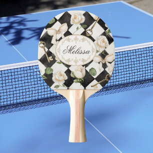 Raquette De Ping Pong Monogramme Vintage Rose Fleurs Noir Blanc Diamant