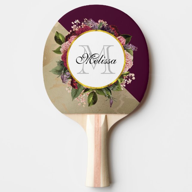 Raquette De Ping Pong Motif en marbre d'or et Monogramme de fleurs de Bo (Devant)