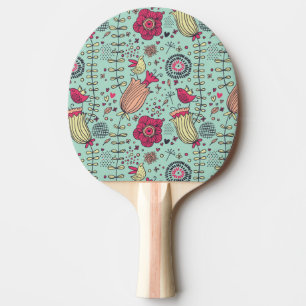 Raquette De Ping Pong Motif floral de bande dessinée avec des oiseaux