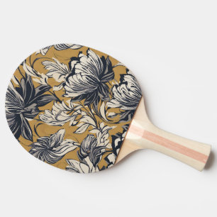 Raquette De Ping Pong Motif floral élégant noir et blanc sur fond doré m
