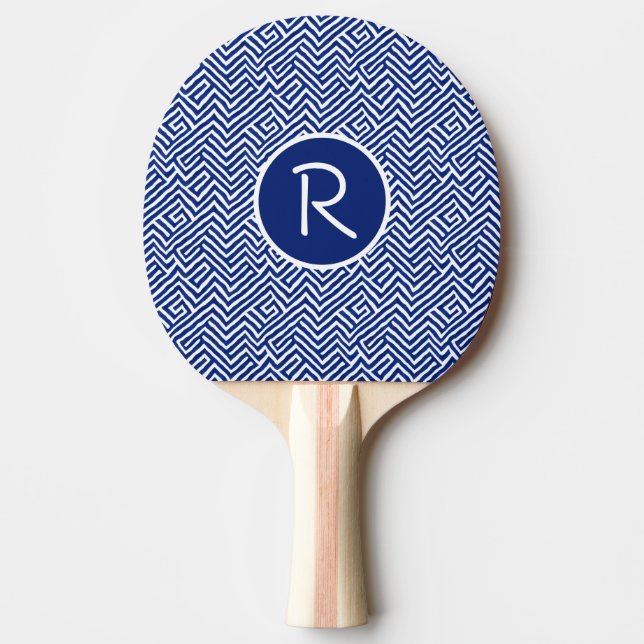 Raquette De Ping Pong Motif géométrique Abstrait Monogramme bleu et blan (Devant)