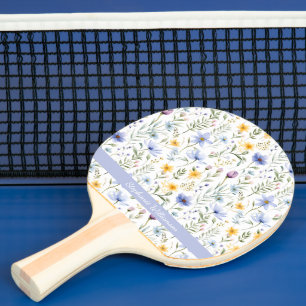 Raquette De Ping Pong Nom aquarelle de fleur sauvage bleue violette élég