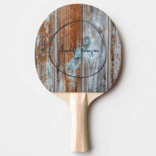 Raquette De Ping Pong Nom de bois en bleu usé dans un cercle dessiné