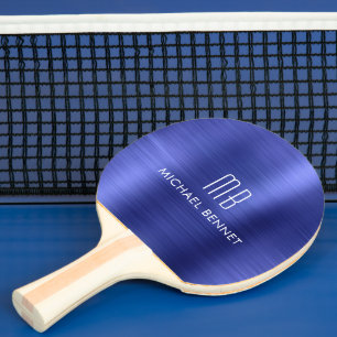 Raquette De Ping Pong Nom de monogramme métallique bleu élégant