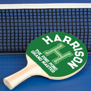 Raquette De Ping Pong Nom de monogramme personnalisé vert initial et équ