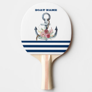 Raquette De Ping Pong Nom du bateau, fleurs d'ancre bleu marine rayées