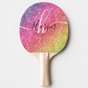Raquette De Ping Pong Nom du monogramme de la Parties scintillant arc-en