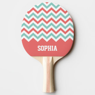 Raquette De Ping Pong Nom personnalisé Chevron Coral et Aqua