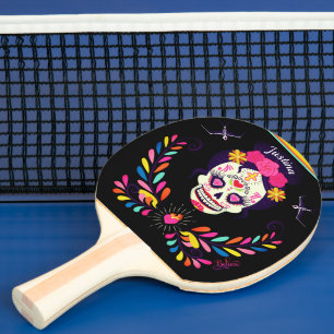 Raquette De Ping Pong Nom personnalisé Crâne de sucre Jour de l'Hallowee