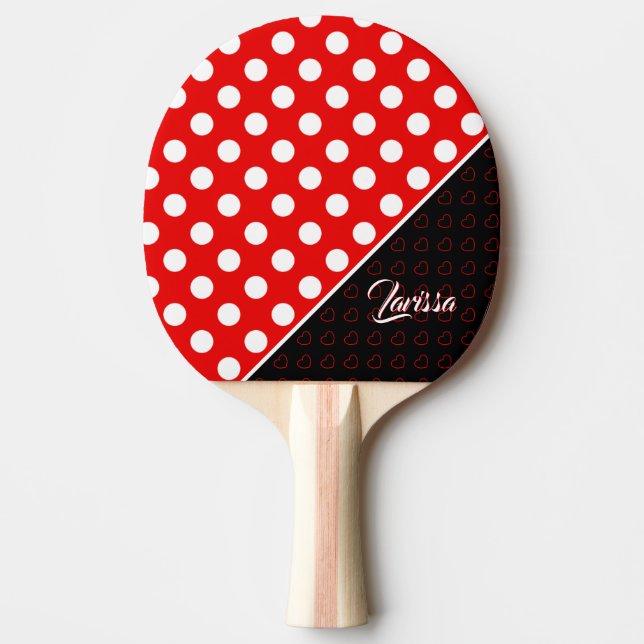 Raquette De Ping Pong Nom personnalisé Modèle Pois élégants Rouge/ Noir (Devant)