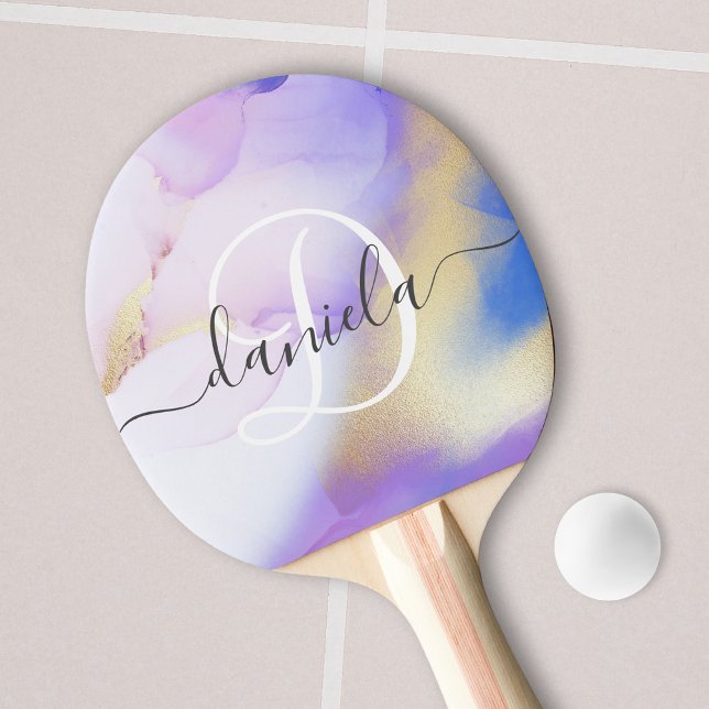Raquette De Ping Pong Nom personnalisé Monogram Purple Aquarelle Luxe (Créateur téléchargé)