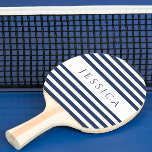 Raquette De Ping Pong Nom personnalisé rayé bleu de la marine moderne