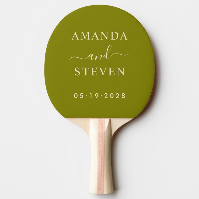 Raquette De Ping Pong Noms de couple Warm Olive avec date de mariage (Dos)