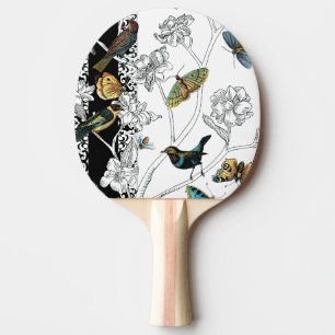 Raquette De Ping Pong Oiseaux et papillon sur un arrière - plan noir et