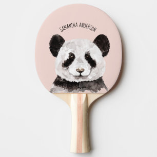 Raquette De Ping Pong Panda Aquarelle Moderne Avec Nom Et Rose Pastel