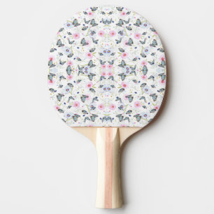 Raquette De Ping Pong Papillon bleu et floral rose à l'aquarelle vintage