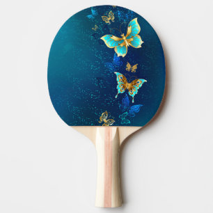 Raquette De Ping Pong Papillons d'or sur un Arrière - plan bleu