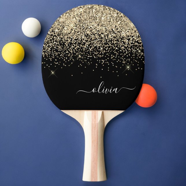 Raquette De Ping Pong Parties scintillant Noir Or Script Monogramme Nom  (Créateur téléchargé)