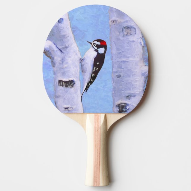 Raquette De Ping Pong Peinture Downy Woodpecker - Art original pour oise (Devant)