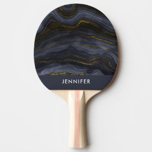 Raquette De Ping Pong Pierre d'Agate Noir & Or moderne Abstrait