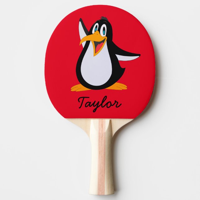 Raquette De Ping Pong Pingouin de dessin mignon sur rouge avec nom (Devant)