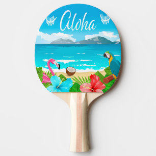 Raquette De Ping Pong Plage hawaïenne d'Aloha flamingo bleu floral