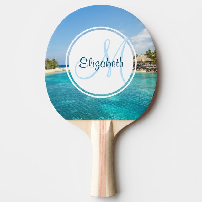 Raquette De Ping Pong Plage tropicale pittoresque avec Monogramme de hut (Devant)