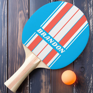 Raquette De Ping Pong Planches Rayures Bleu Ciel Rétro avec Nom